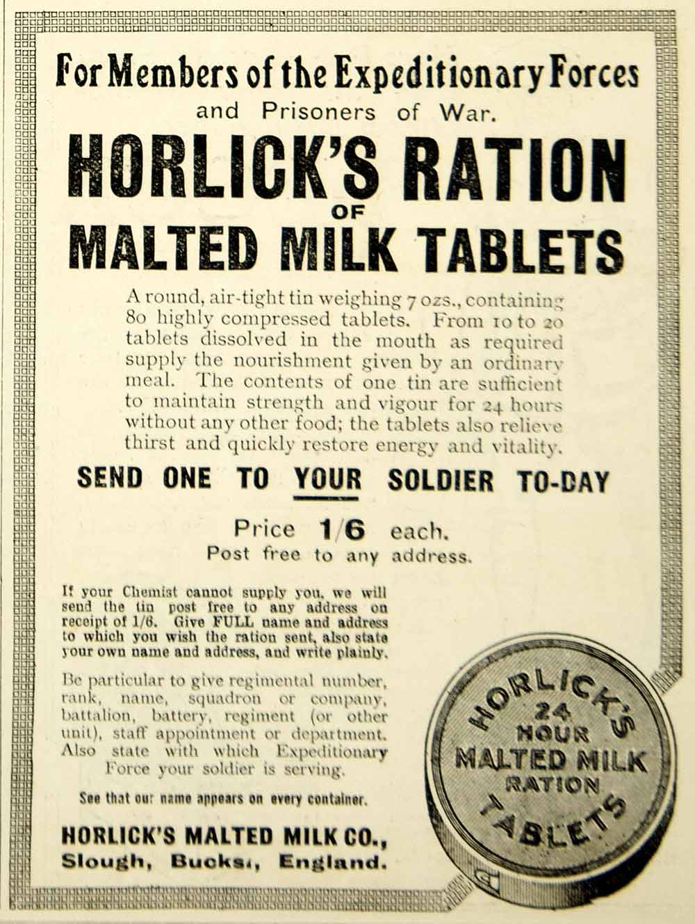 1916 Ad WWI Horlicks Malted Milk Ration Tablets Expeditionary Forces F ...