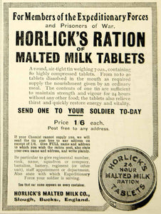 1916 Ad WWI Horlicks Malted Milk Ration Tablets Expeditionary Forces Food Advert