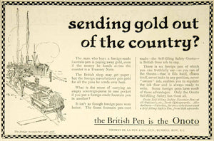 1916 Ad Vintage Onoto Self-filling Safety Fountain Pen Thomas de la Rue Advert