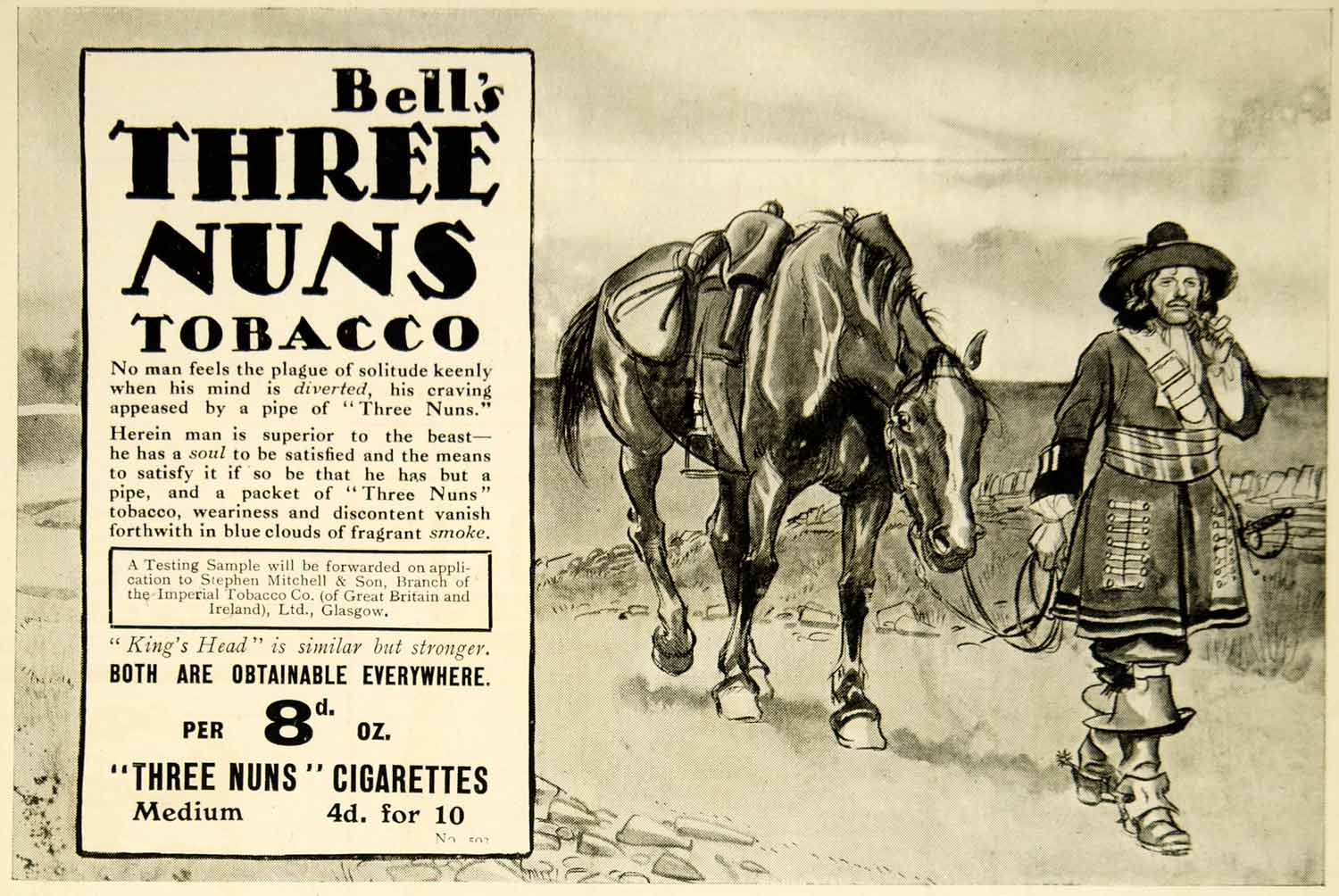 1916 Ad Bell's Three Nuns Pipe Tobacco British Cigarettes Musketeer Horse Advert