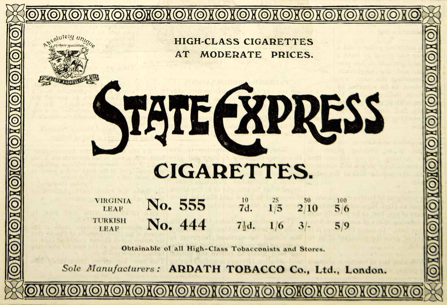 1916 Ad Vintage State Express Cigarettes Ardath Tobacco British Smoking Advert