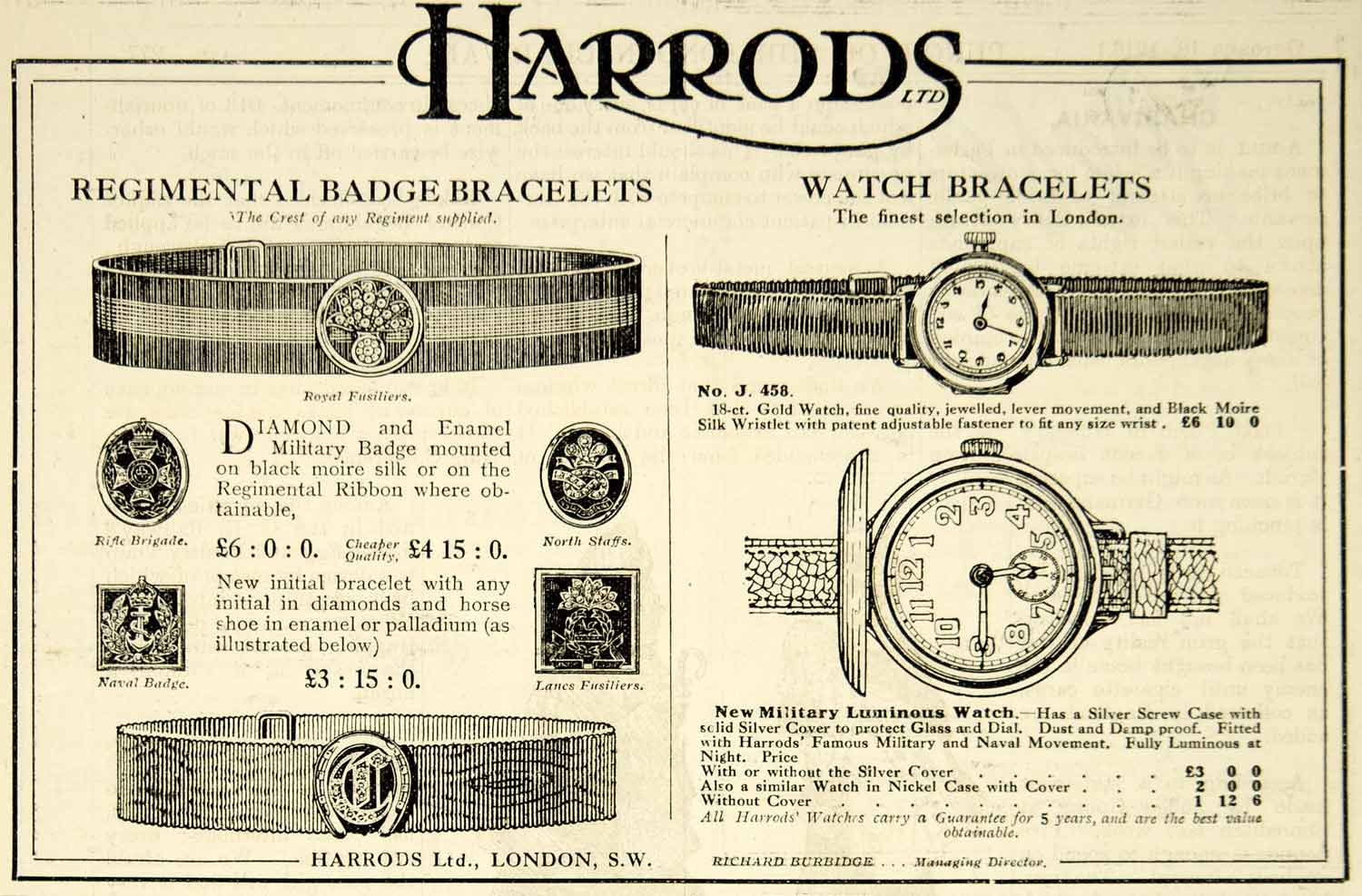 1916 Ad Vintage World War I Regimental Badge Bracelet Watches Harrods WWI Advert