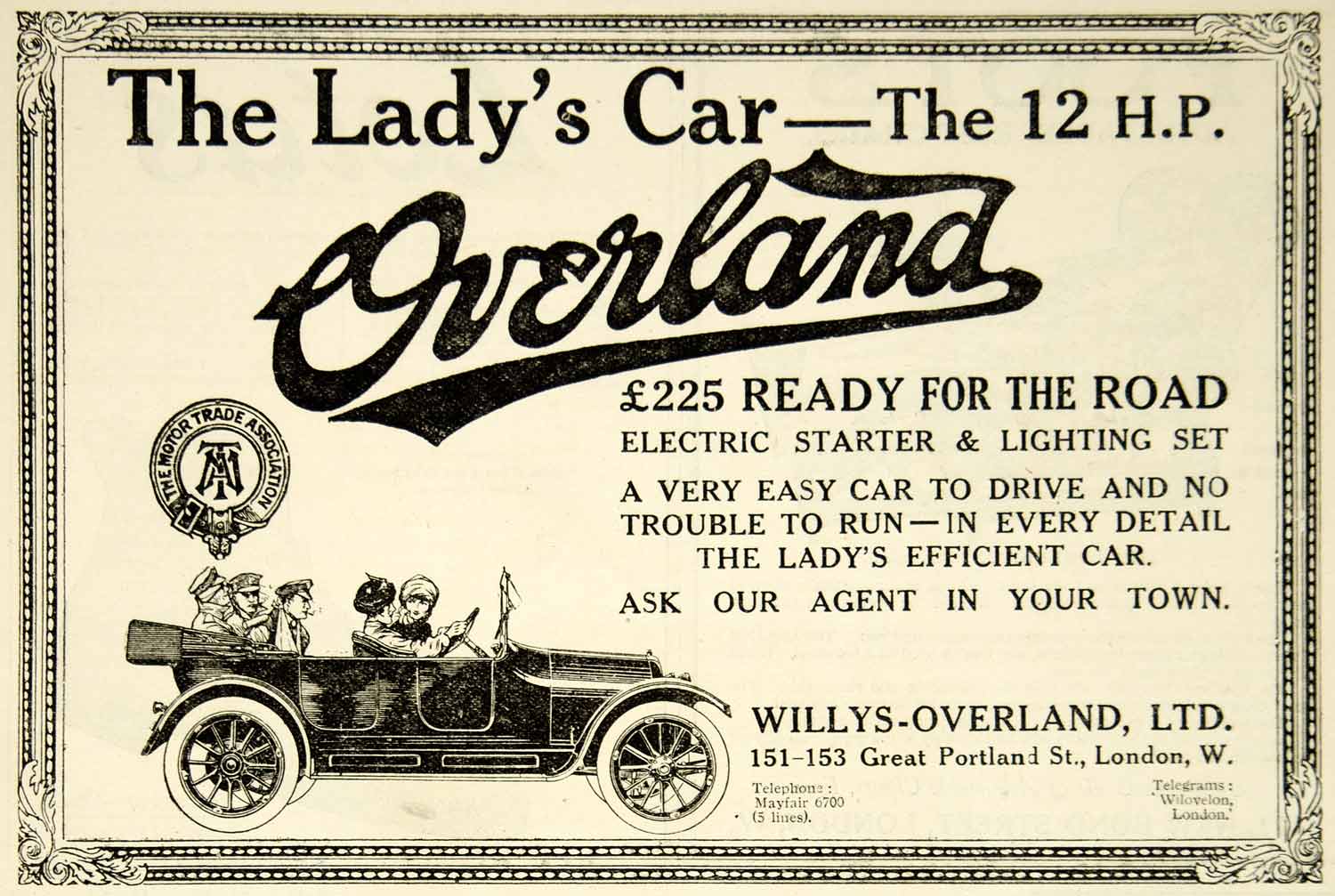 1916 Ad Vintage Overland British Automobile Woman Driver Willys-Overland Advert