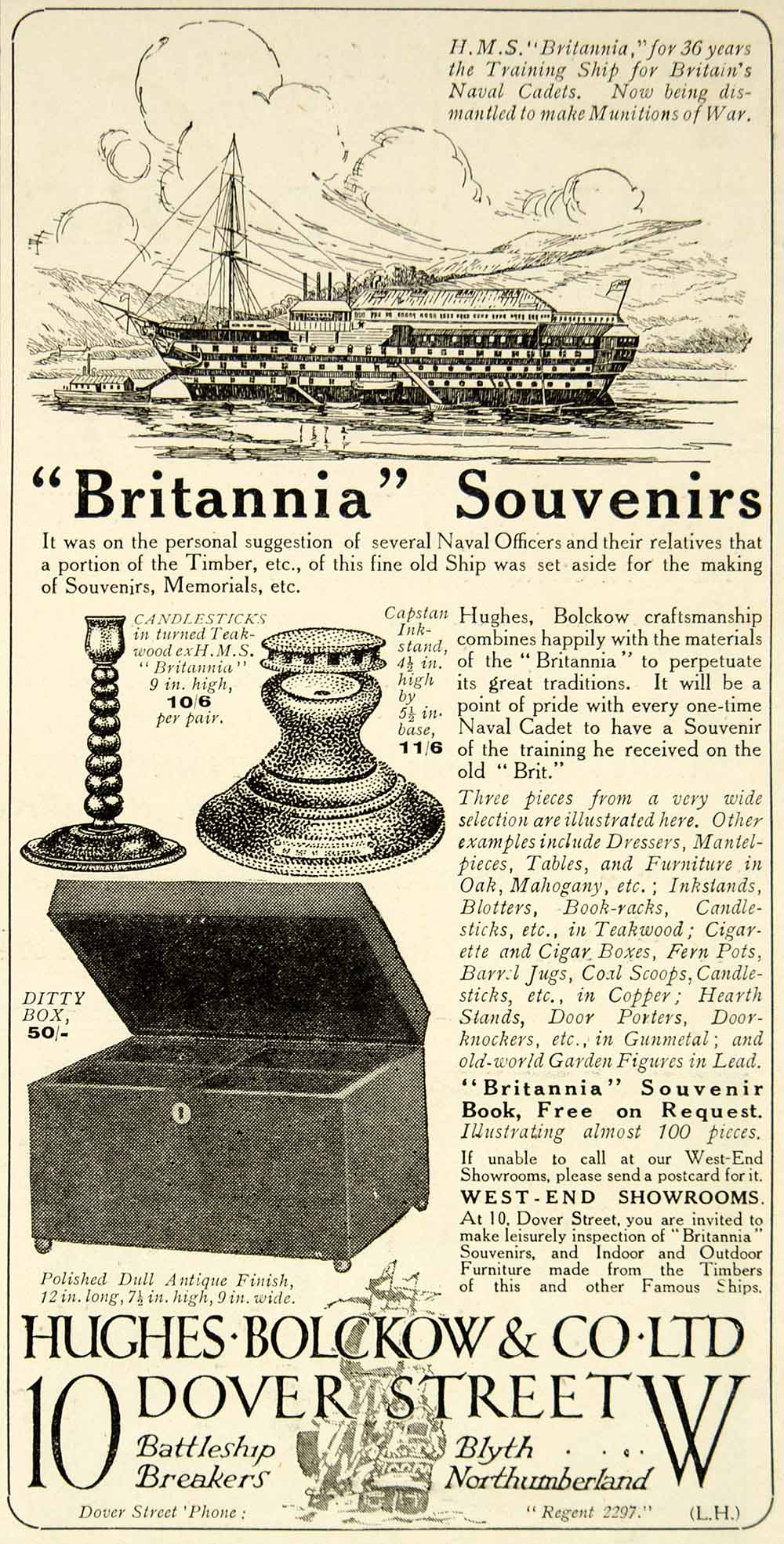 1916 Ad Hughes Bolckow British Battleship Breakers H.M.S. Britannia Souvenirs