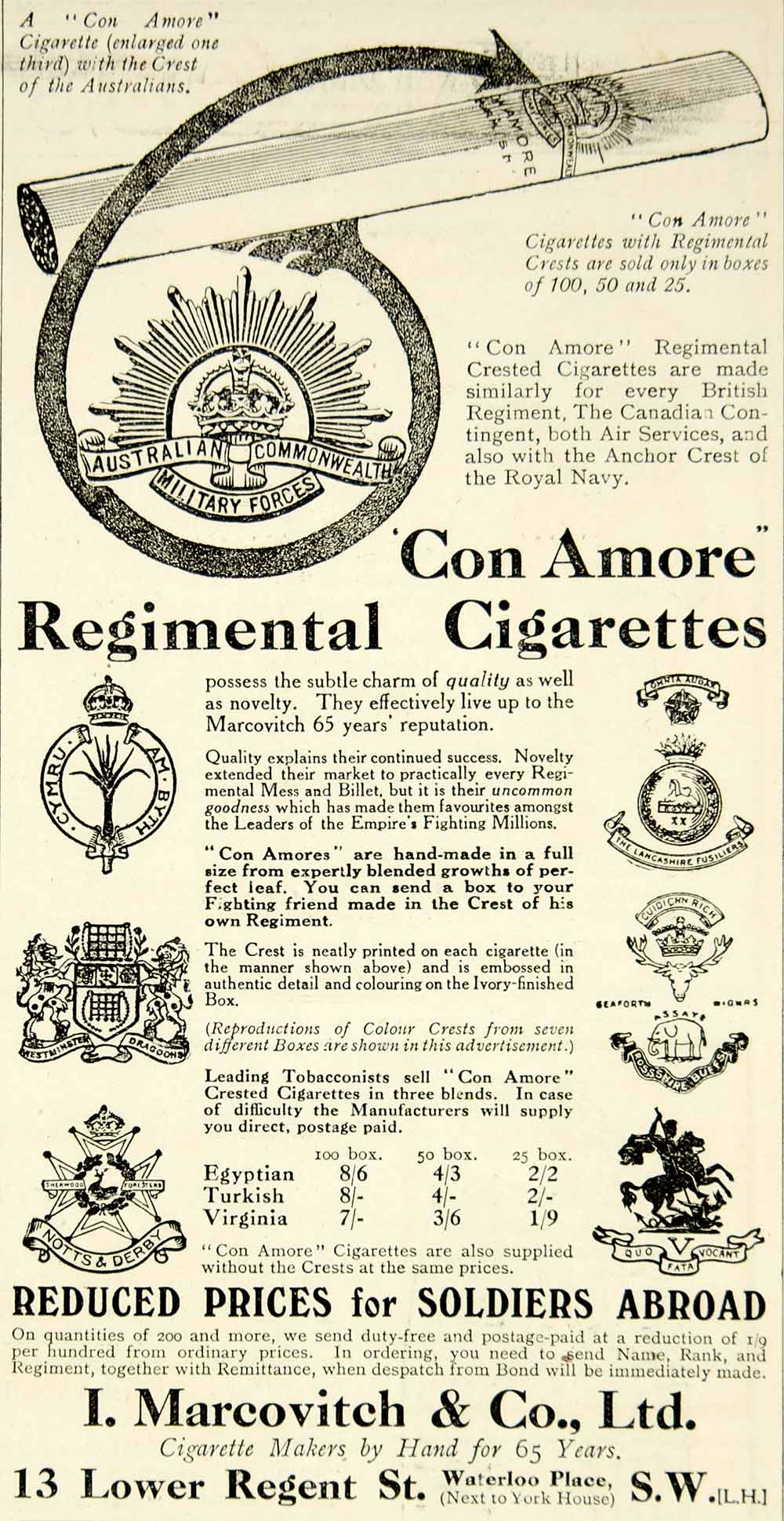1916 Ad WWI Con Amore Regimental Cigarettes British Regiments Crest Marcovitch