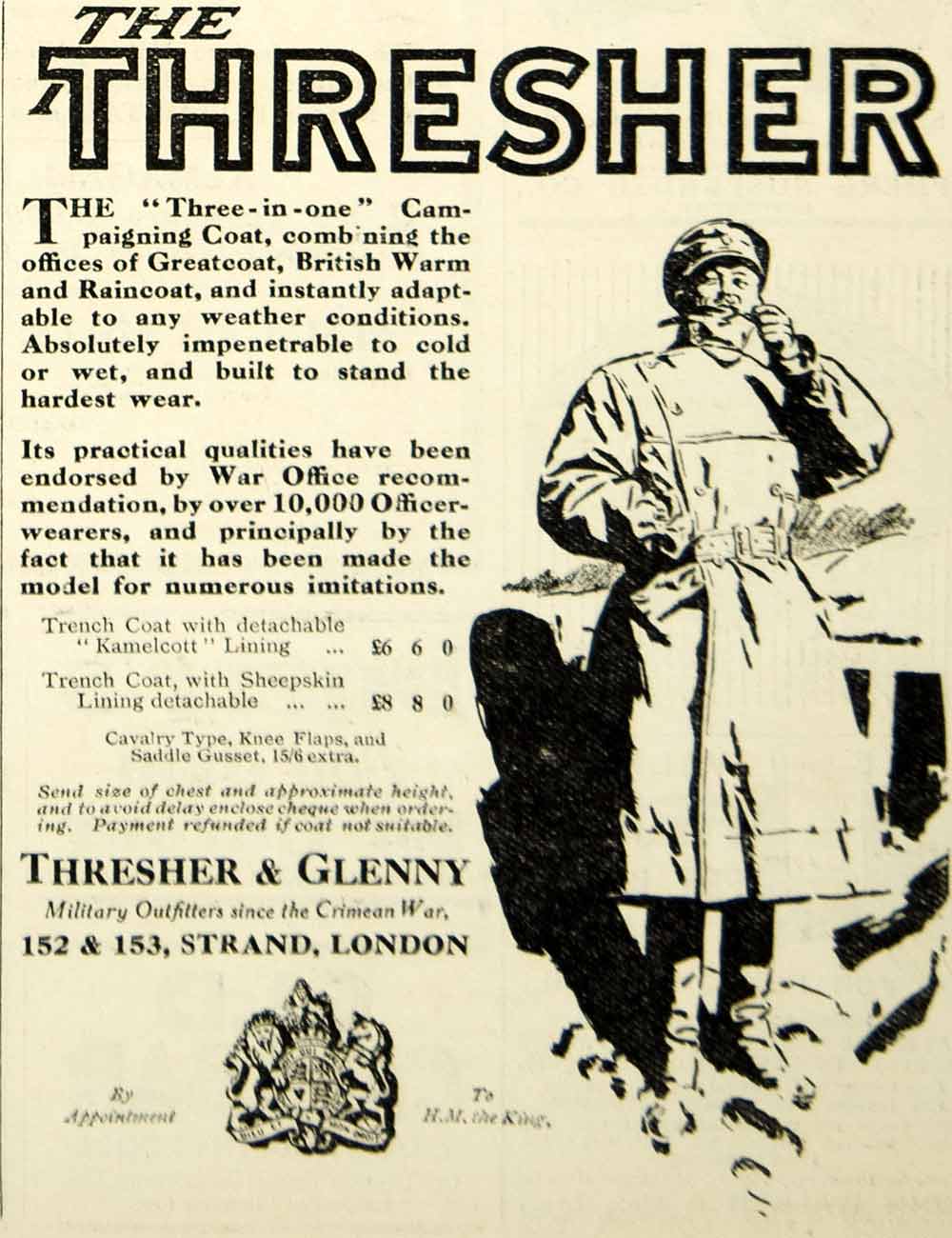 1916 Ad World War I Thresher & Glenny Military Trench Coat Raincoat Greatcoat