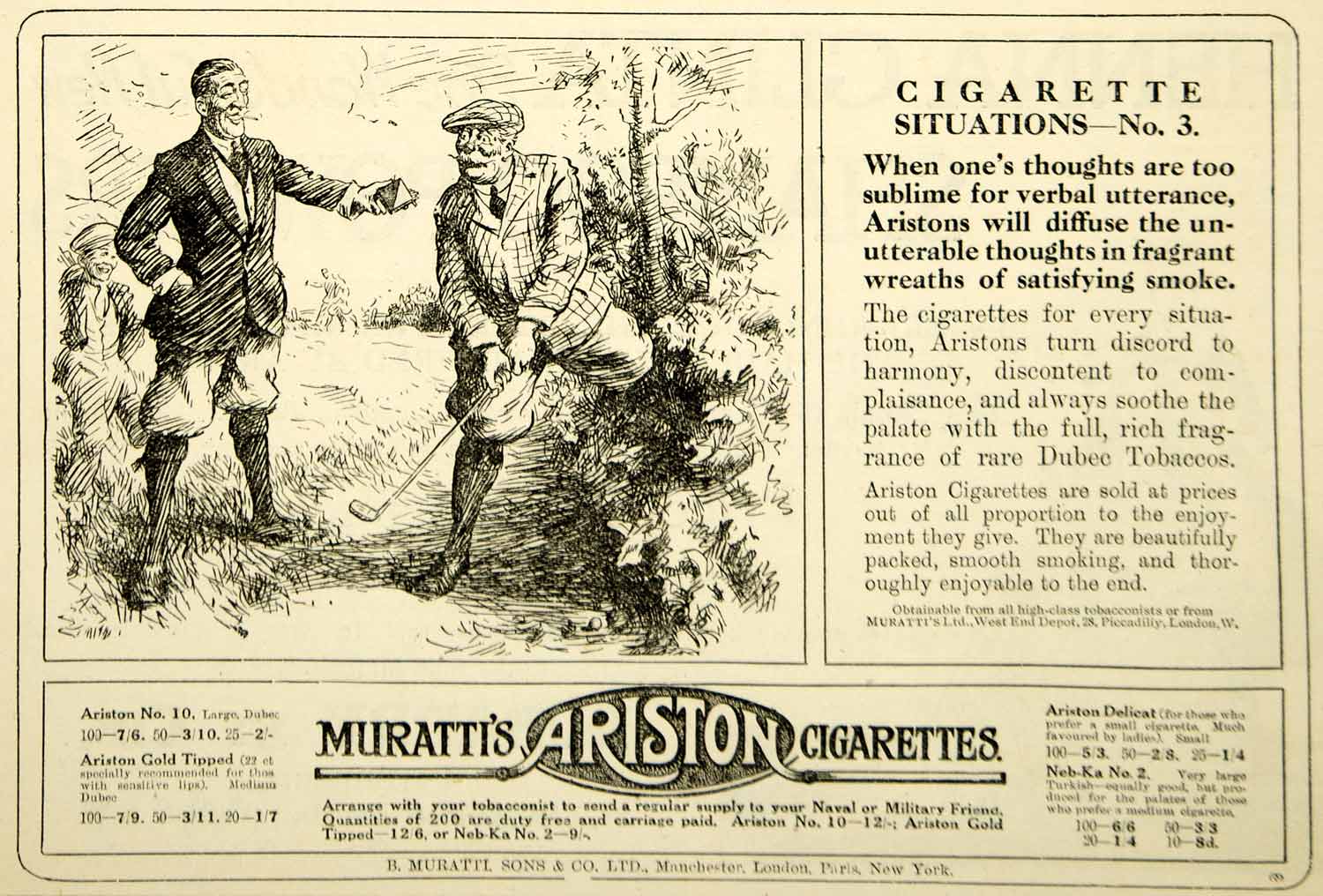 1916 Ad Vintage Muratti's Ariston Cigarettes British Smoking Golfers Golf Advert