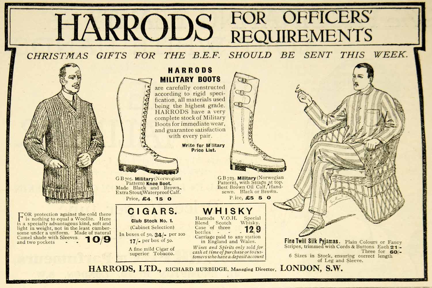 1916 Ad World War I Harrods London Military Boots BEF Woolie Christmas Advert