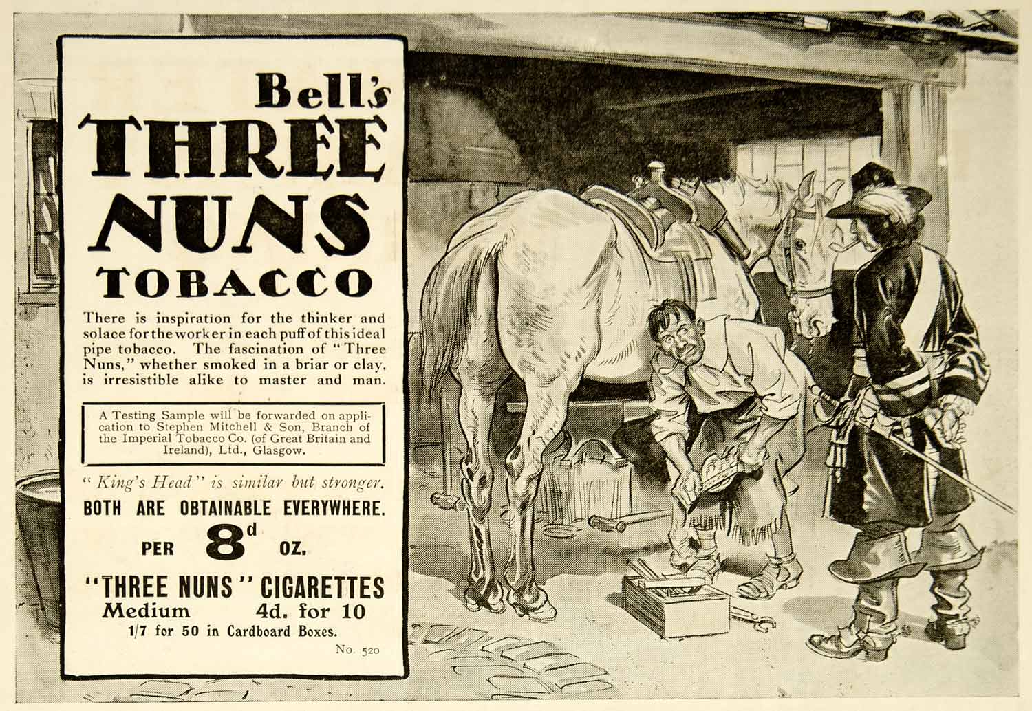 1917 Ad Bell's Three Nuns Tobacco Cigarettes British Musketeer Farrier Advert