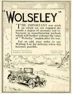 1917 Ad Vintage Wolseley Automobile Touring Car British Auto WWI Wartime Advert