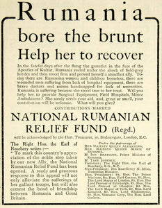 1917 Ad World War I National Rumanian Relief Fund Romania Charity Wartime Advert