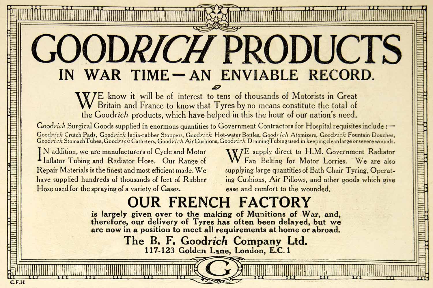 1917 Ad World War I B. F. Goodrich London Wartime Products British WWI Advert
