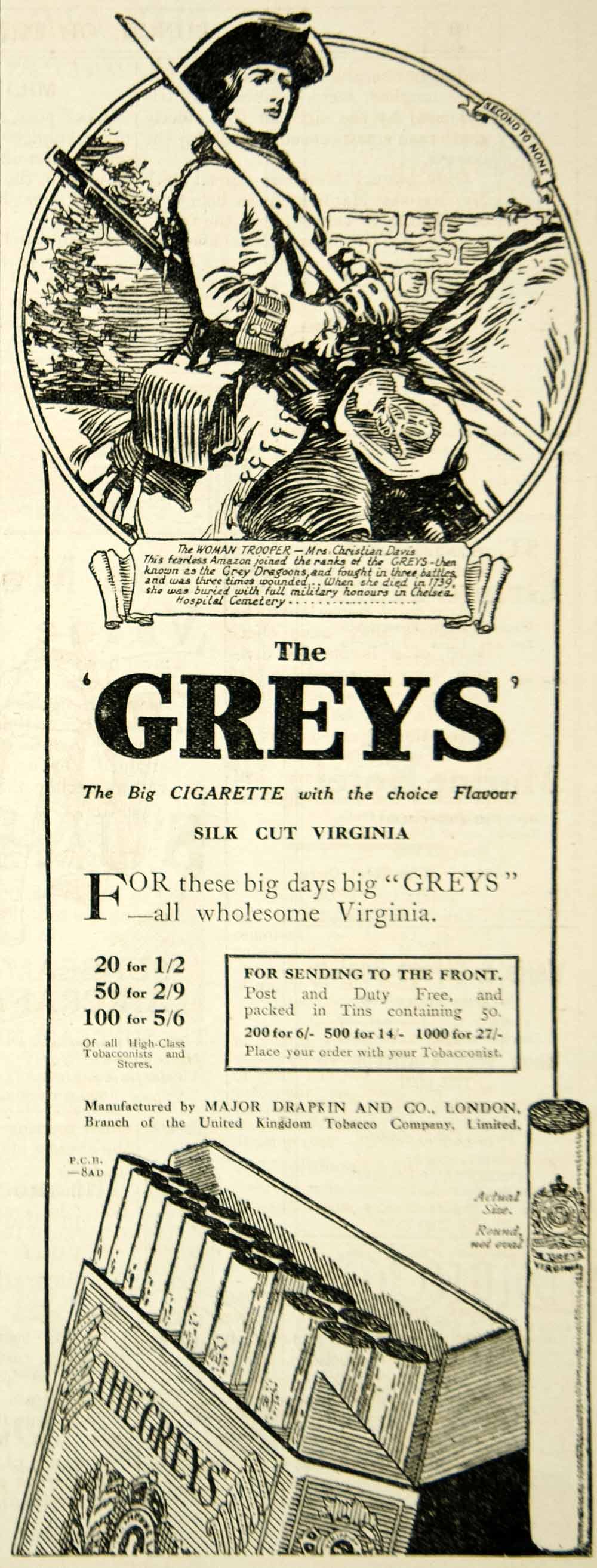 1917 Ad The Greys Cigarettes Mrs. Christian Davis Female Soldier Gun Royal Scots
