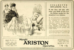 1917 Ad WWI Muratti's Ariston Cigarettes Wounded Soldier War Hospital Bed Advert