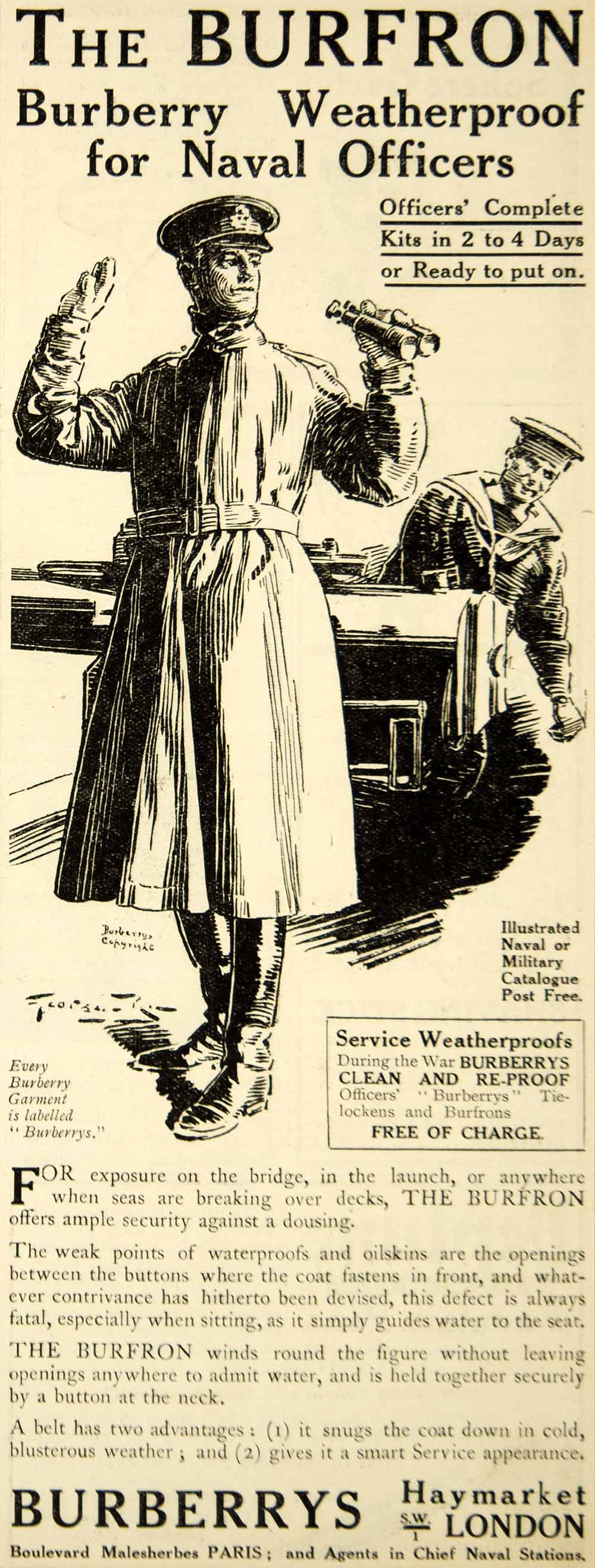1917 Ad Vintage WWI Burfron Burberry Weatherproof Trench Coat Raincoat  Advert