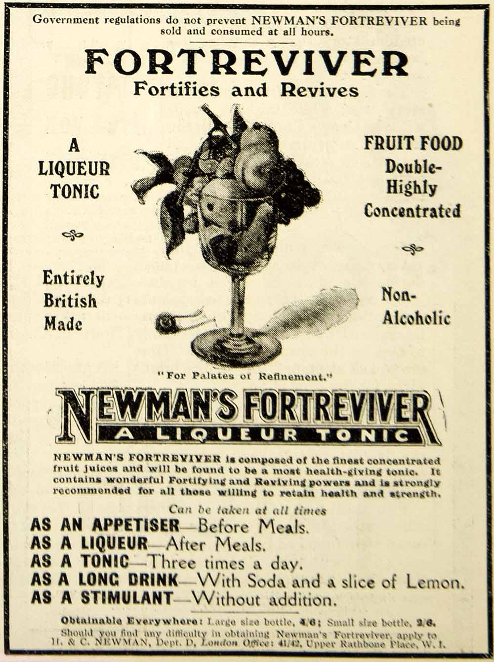 1918 Ad Vintage Newman's Fortreviver Fruit Tonic Health Beverage Drink Advert