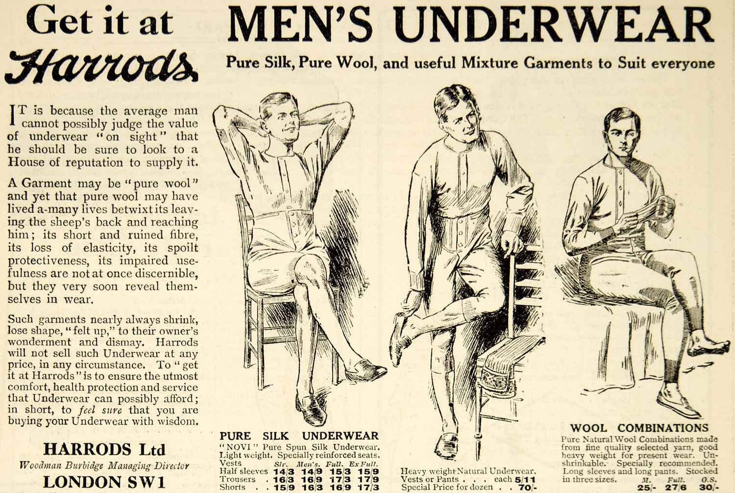 1918 Ad Vintage Fashion Men Underwear Wool Silk Union Suit Harrods