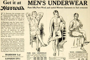 1918 Ad Vintage Fashion Men Underwear Wool Silk Union Suit Harrods London Advert