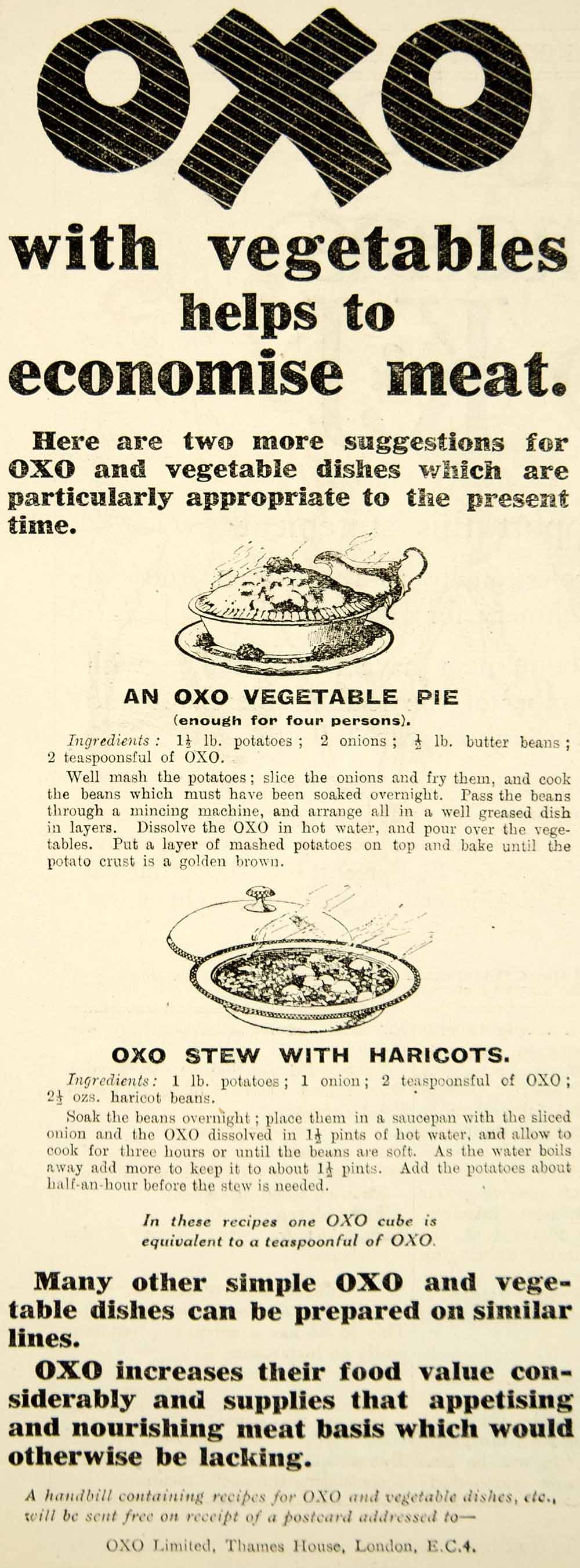1918 Ad WWI OXO Meat Extract British Home Front Recipe Stew Vegetable Pie Advert