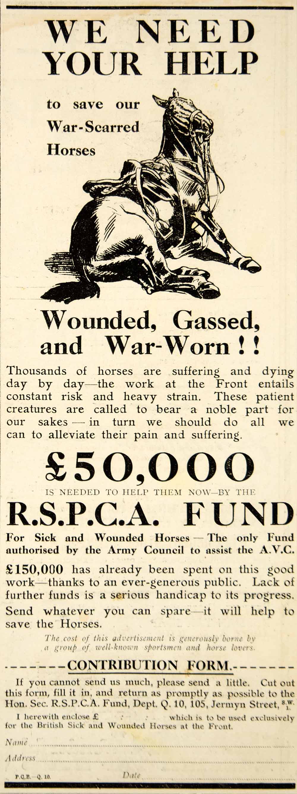 1918 Ad WWI Horses Royal Society for the Prevention of Cruelty to Animals RSPCA