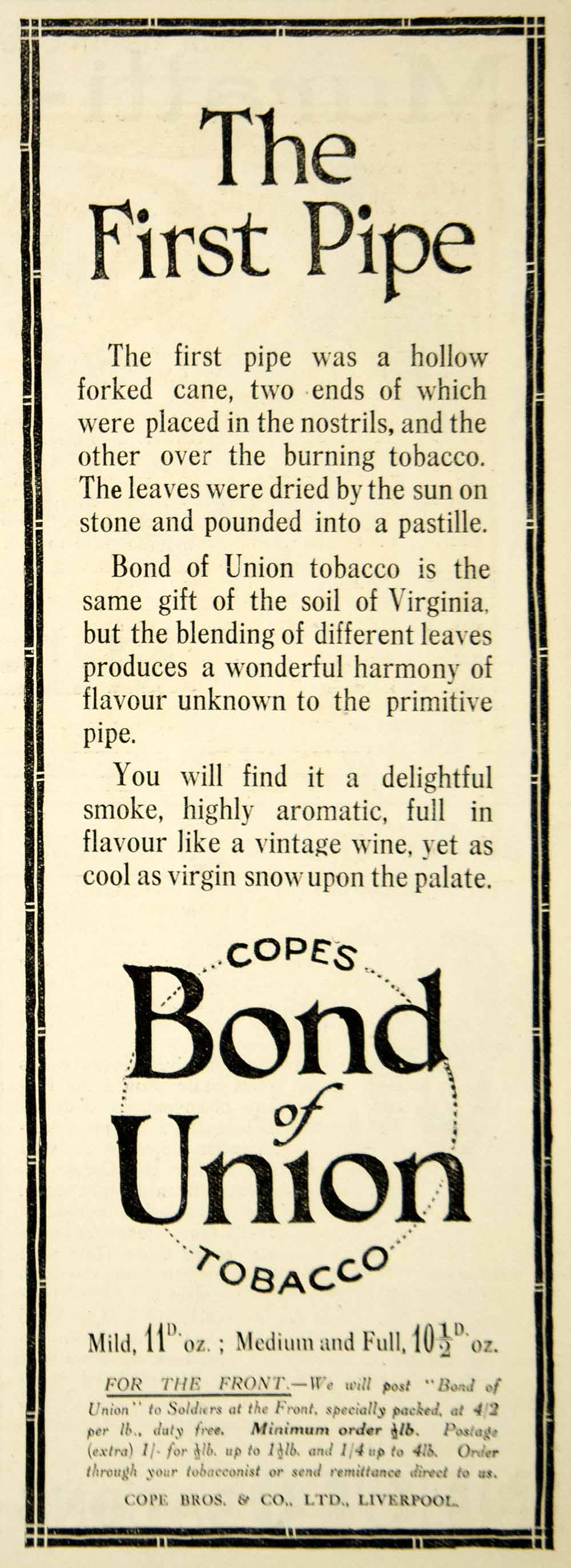 1918 Ad Vintage Copes Bond of Union Tobacco Smoking Pipe Liverpool WWI Advert
