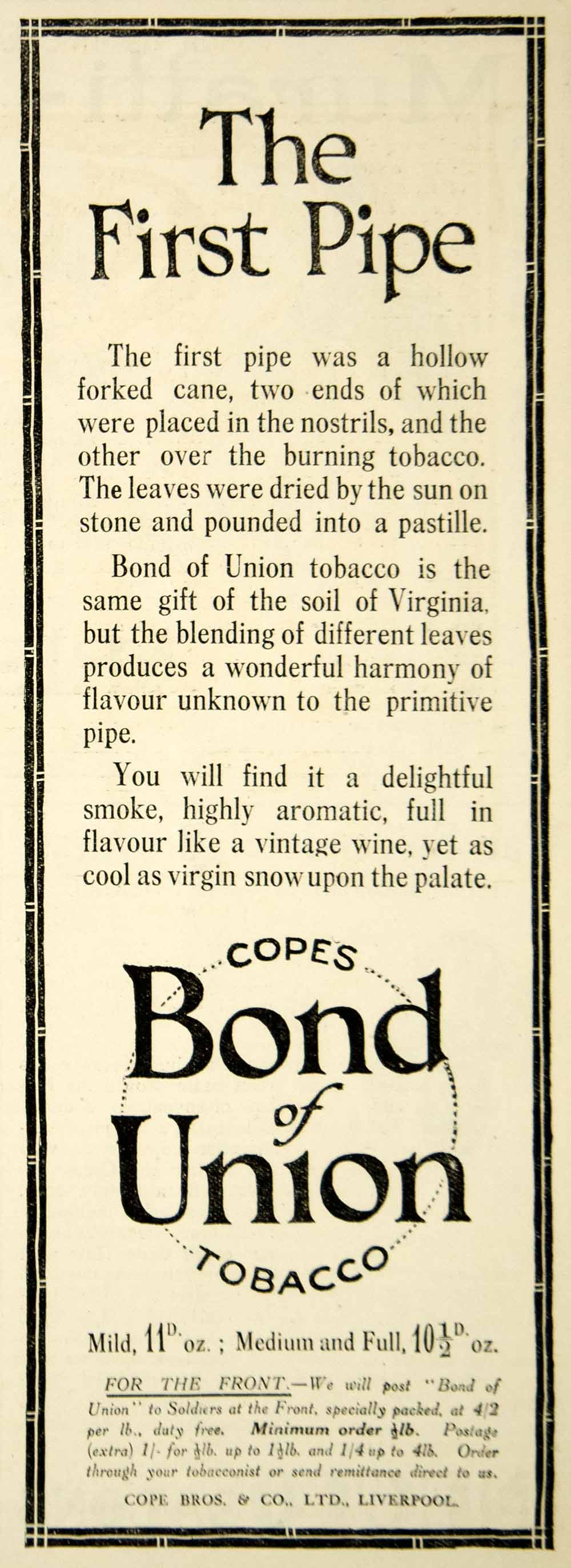 pipe tobacco duty free 1918 Ad Vintage Copes Bond of Union Tobacco Smoking Pipe Liverpool WWI – Period Paper Historic Art LLC pipe tobacco duty free 1918 Ad Vintage Copes Bond of Union Tobacco Smoking Pipe Liverpool WWI – Period Paper Historic Art LLC