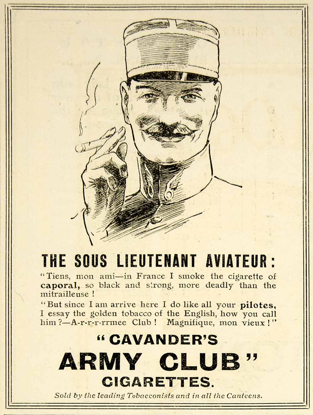 1918 Ad World War I Cavanders Army Club Cigarettes French Aviator Smoking Advert