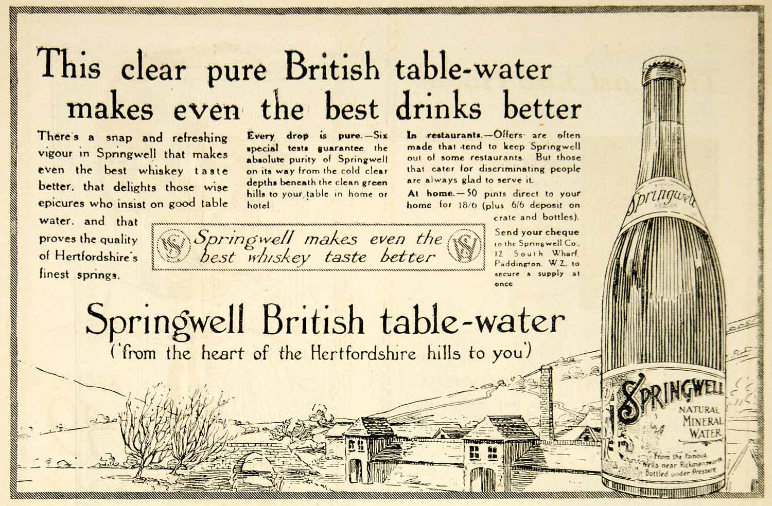 1918 Ad Springwell British Mineral Table Water Bottled Hertfordshire UK Advert