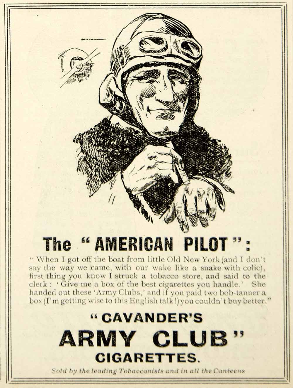 1918 Ad Vintage WWI Cavanders Army Club Cigarettes American Pilot Smoking Advert