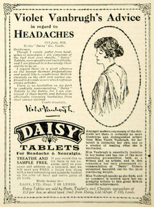 1918 Ad Vintage Daisy Tablets Headache Pill Cure Violet Vanbrugh English Actress