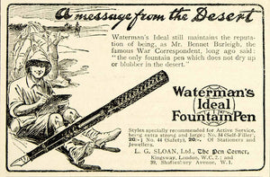 1918 Ad Waterman Ideal Fountain Pen Bennet Burleigh War Journalist Desert Camel