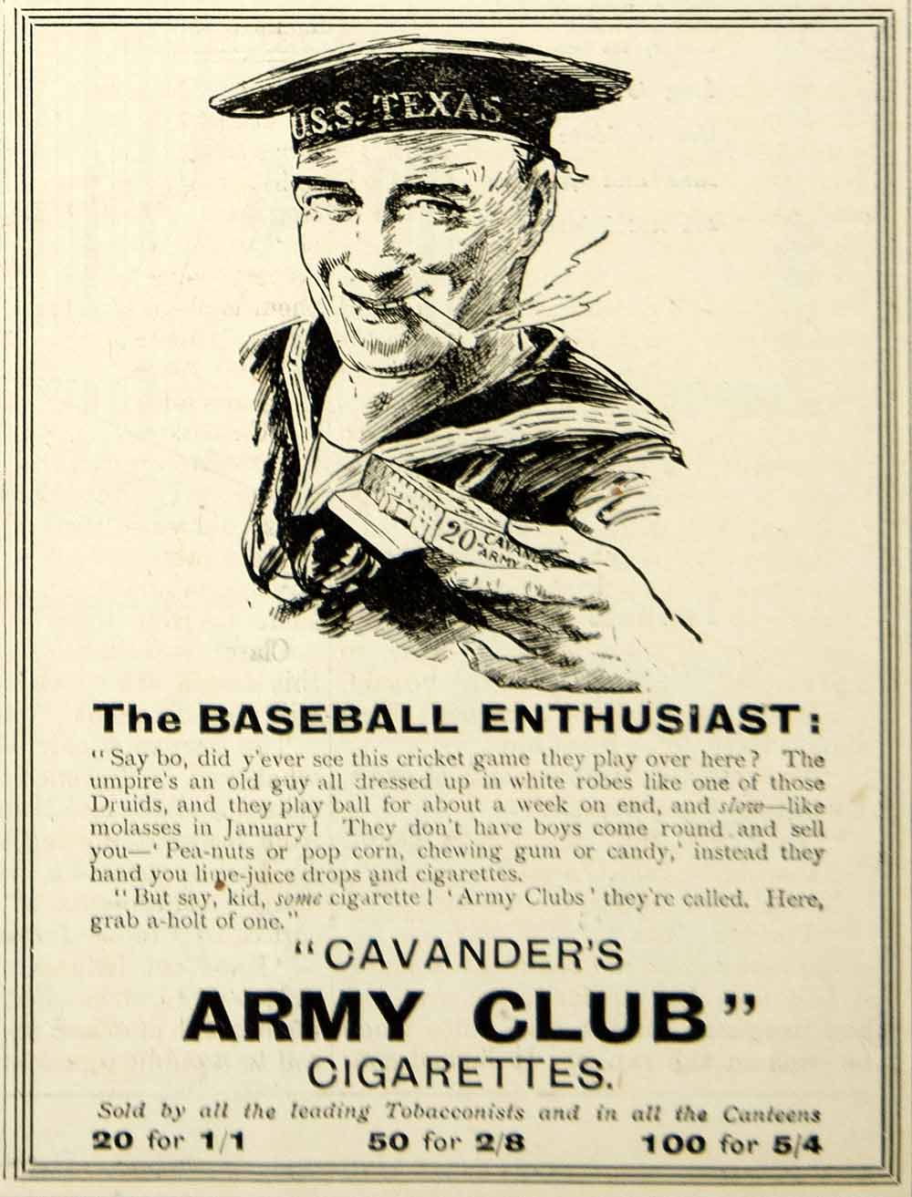 1918 Ad World War I Cavanders Army Club Cigarette American Sailor Smoking Advert