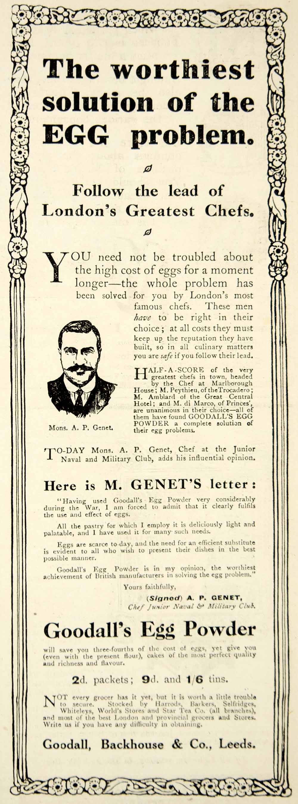 1918 Ad World War I Goodall's Egg Powder Powdered British Home Front Food Advert