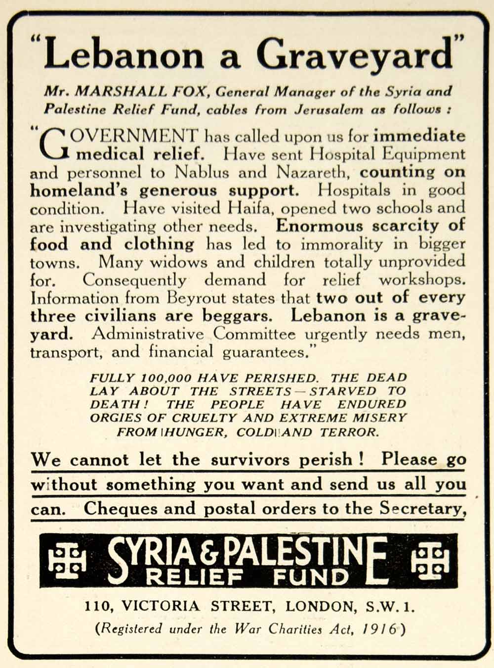 1918 Ad Vintage World War I Syria & Palestine Relief Fund Charity Wartime Advert