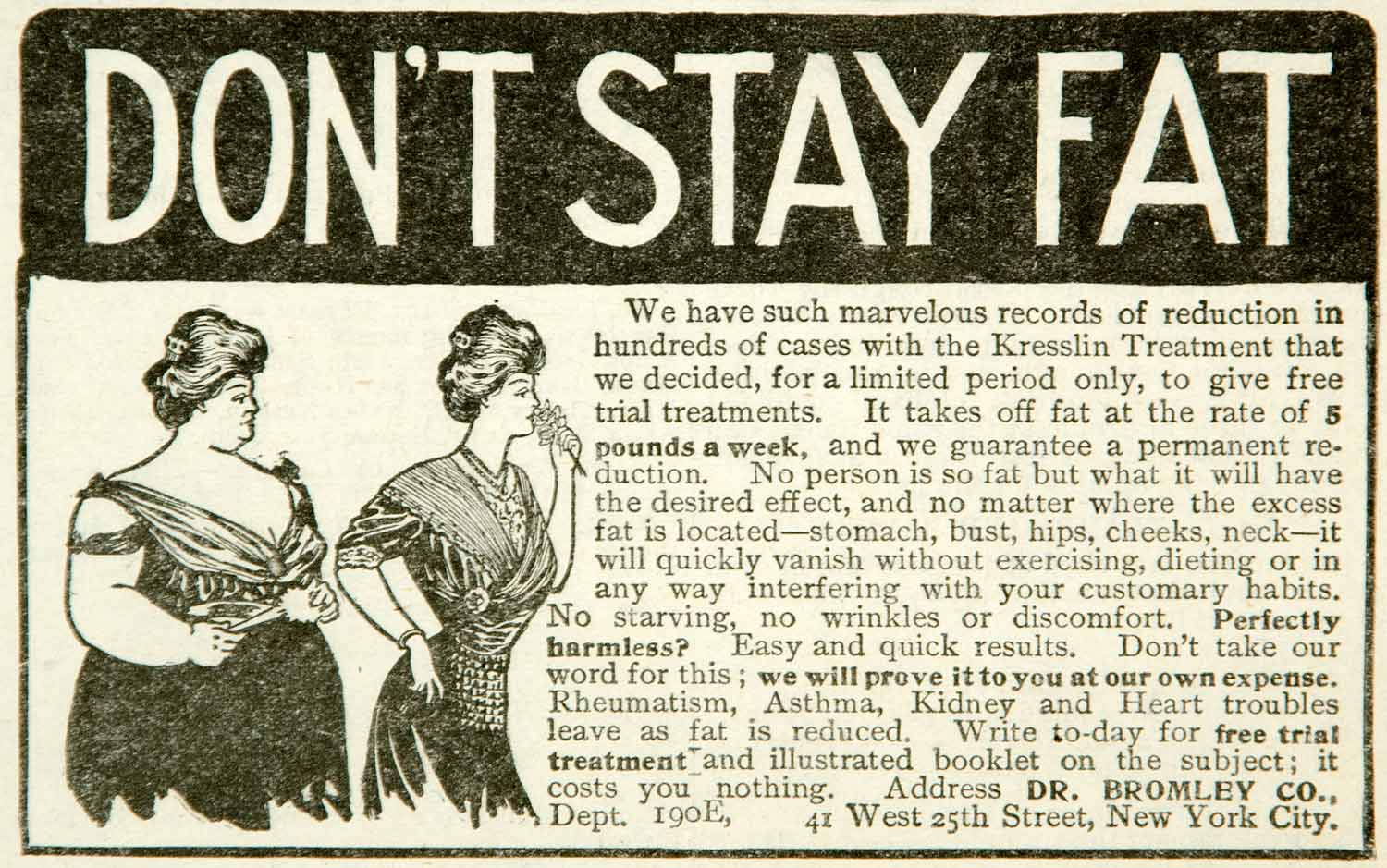 1908 Ad Dr Bromley Kresslin Treatment Weight Loss Medical Quackery YPHJ1