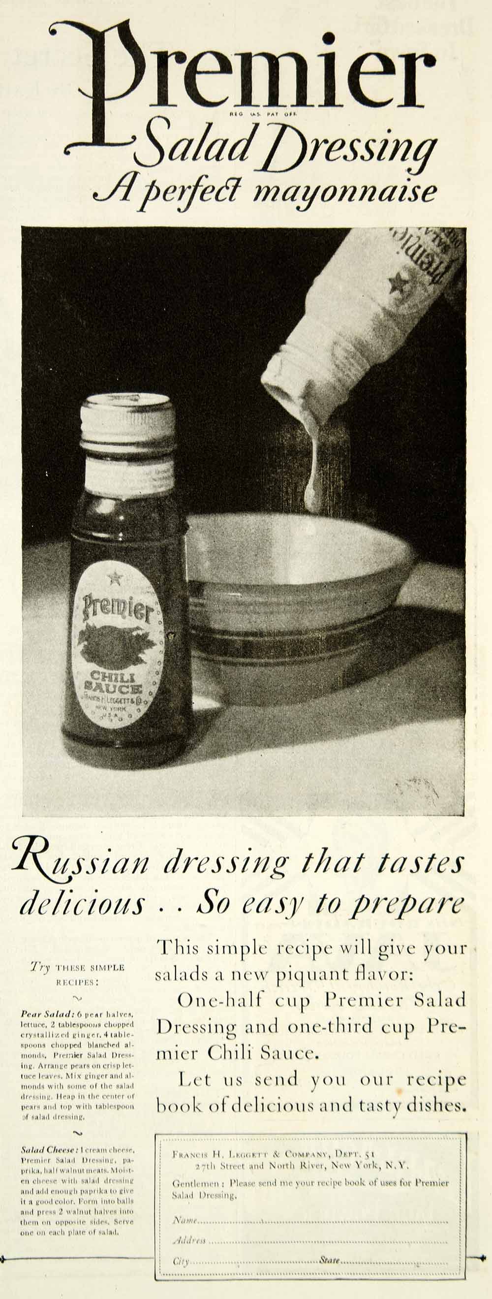 1926 Ad Francis H Leggett Premier Salad Dressing Chili Sauce Food Pear YPHJ1