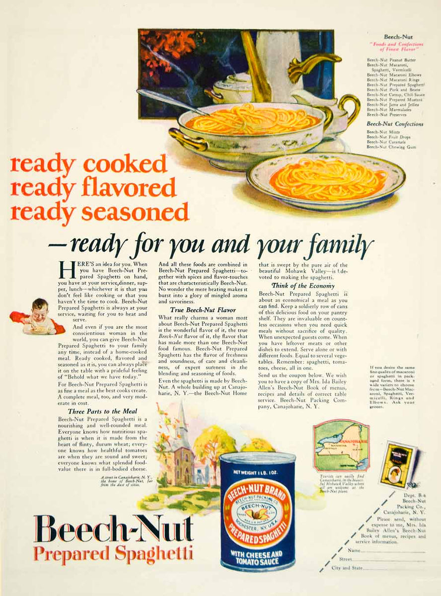 1925 Ad Beech-Nut Prepared Spaghetti Pasta Can Food Grocery Roaring YP ...