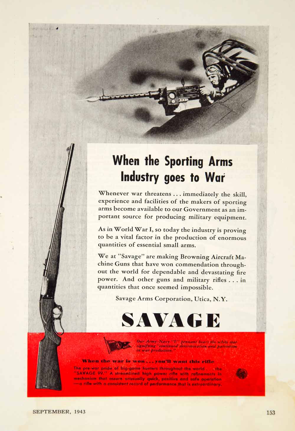 1943 Ad Savage Arms Browning Aircraft Machine Guns World War II Wartime YPM1