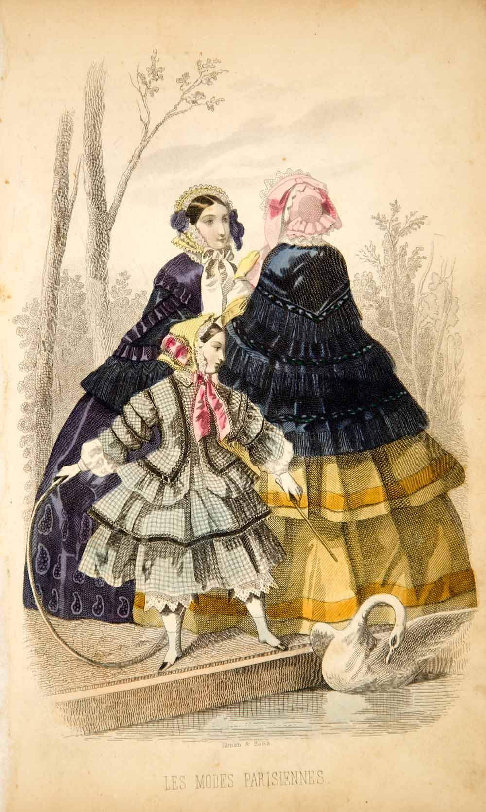 1856 Steel Engraving Victorian Antebellum Fashion Lady Carriage Dress Girl YPM2