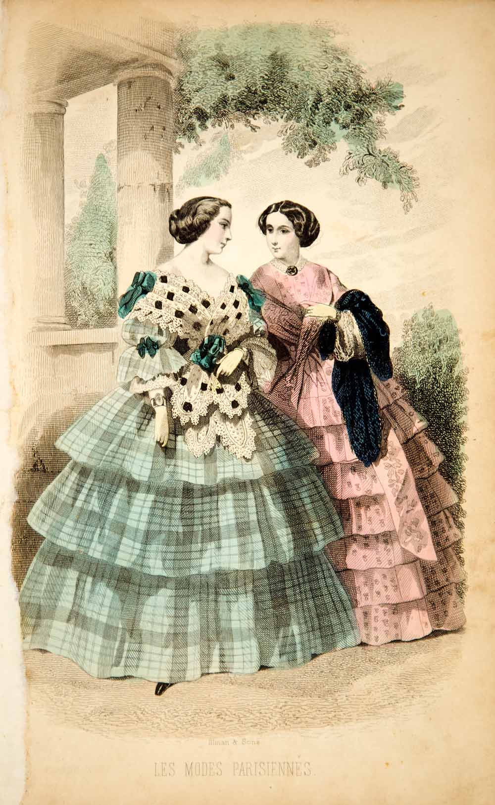 1856 Steel Engraving Victorian Lady Fashion Evening Dress Fichu Mantilla YPM2