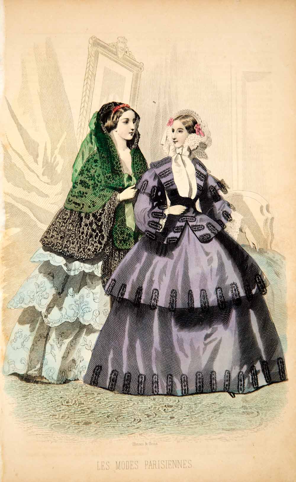 1856 Steel Engraving Victorian Lady Evening Walking Dress Mantilla Bonnet YPM2