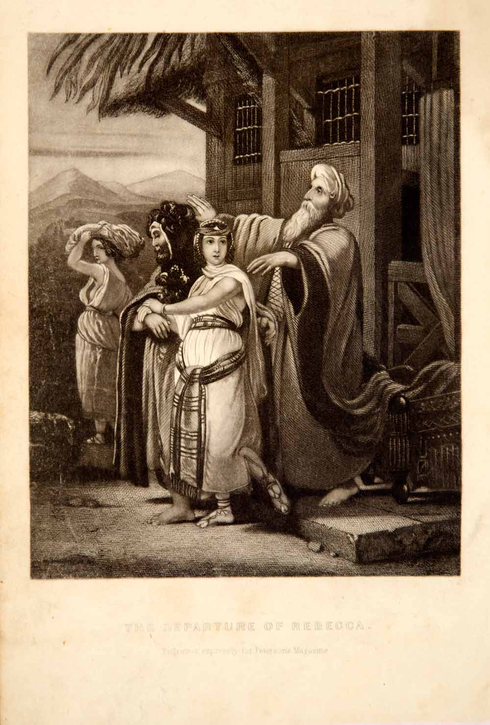 1856 Steel Engraving Rebecca Departure Bible Genesis Biblical Religious Art YPM2