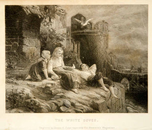 1856 Steel Engraving White Doves Victorian Children Birds Landscape Castle YPM2
