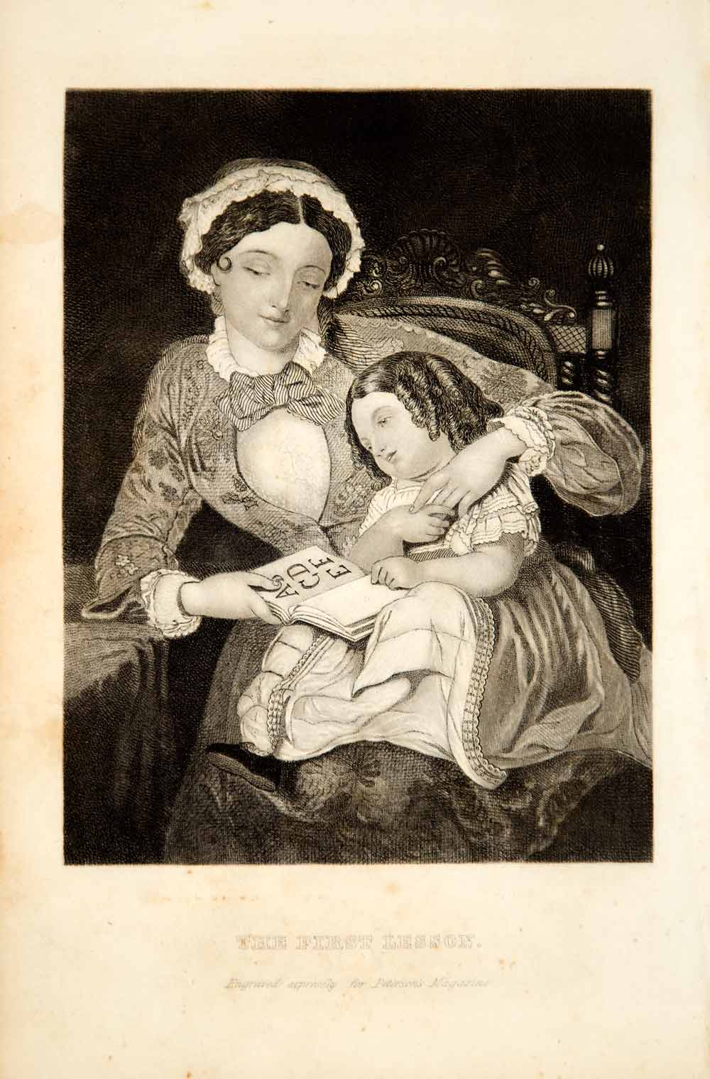 1856 Steel Engraving Victorian Mother Child Girl First Lesson ABC Book YPM2
