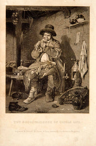 1856 Steel Engraving Bachelor Life Single Man Mending Rags Cottage Antique YPM2