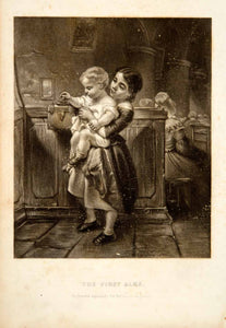 1856 Steel Engraving Victorian Children Infant Baby Almsgiving Alms Church YPM2
