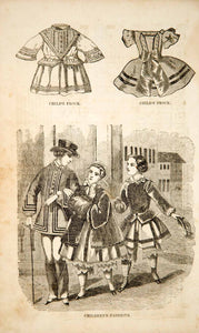 1856 Wood Engraving Victorian Fashion Children Clothing Dress Frock Antique YPM2