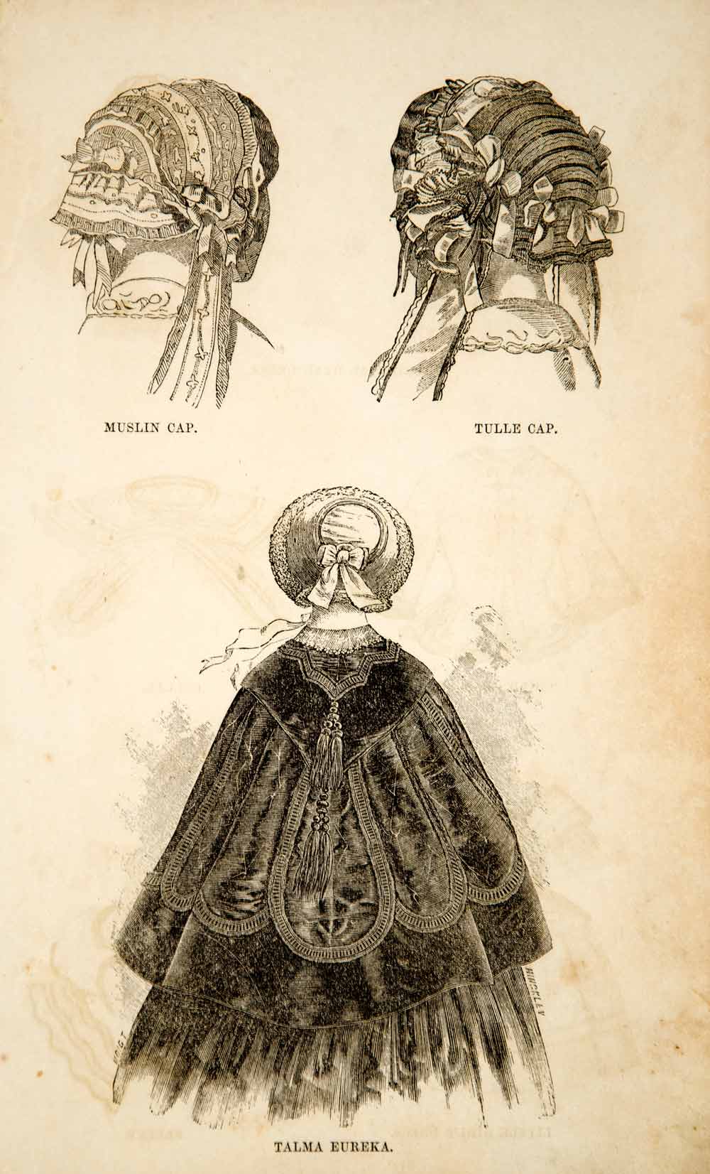 1856 Wood Engraving Victorian Lady Fashion Shawl Muslin Tulle Cap Bonnet YPM2