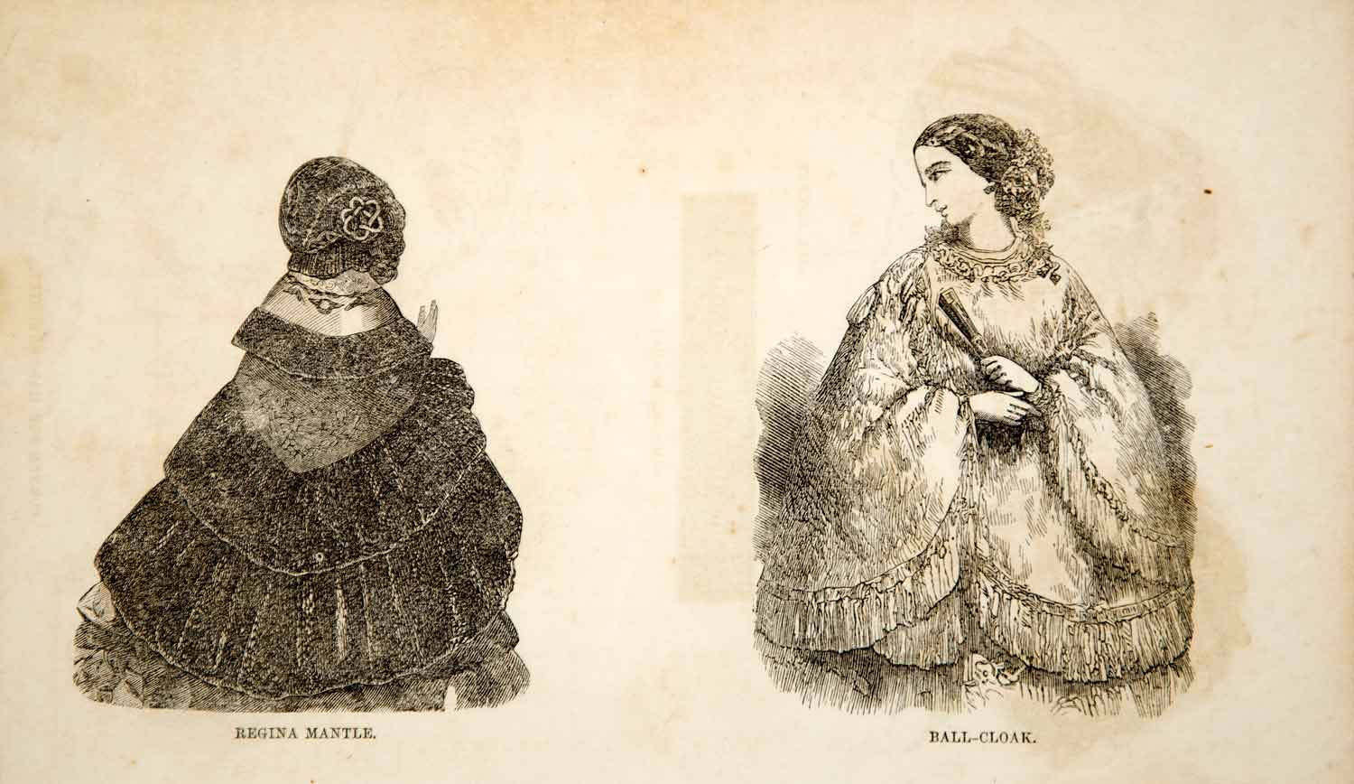 1856 Wood Engraving Victorian Lady Fashion Shawls Regina Mantle Ball Cloak YPM2