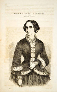1856 Wood Engraving Antique Victorian Lady Polka Jacket Crochet Fashion YPM2
